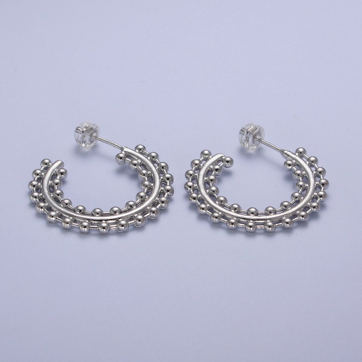 Beaded Bar C Shaped Hoop Stud Statement Earrings in Gold & Silver | AD-027 AD-028