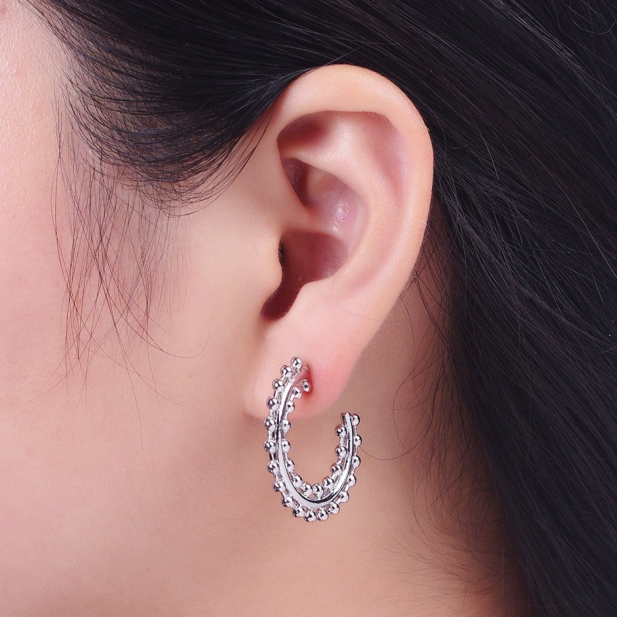 Beaded Bar C Shaped Hoop Stud Statement Earrings in Gold & Silver | AD-027 AD-028