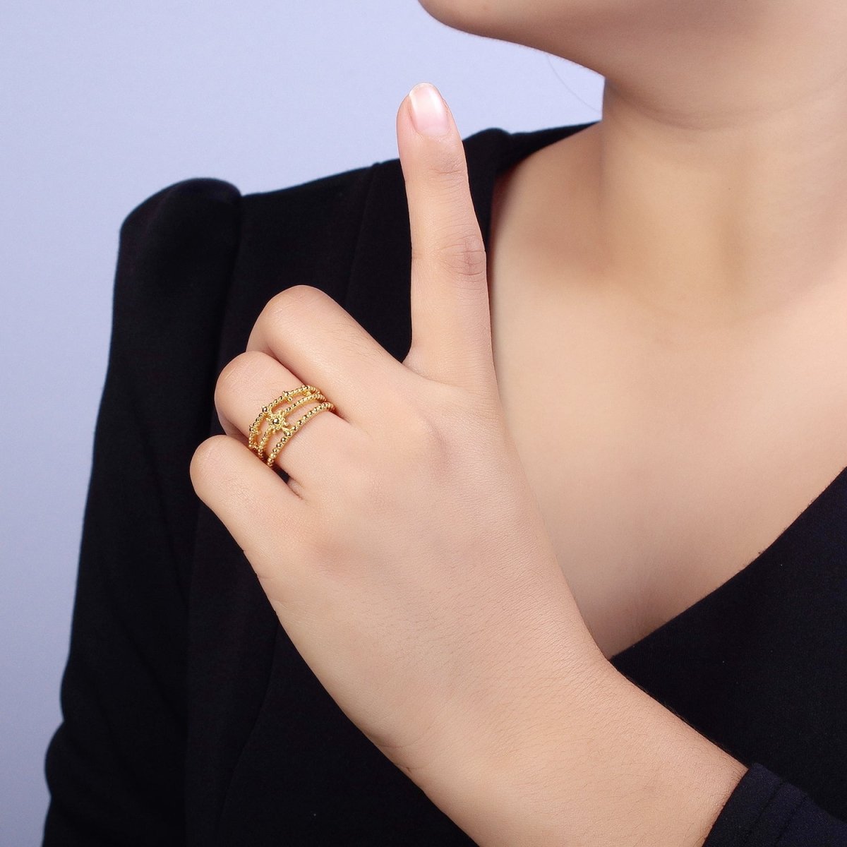 Beaded Triple Band Gold Sun Ring Stacking Celestial Jewelry Ring | U500