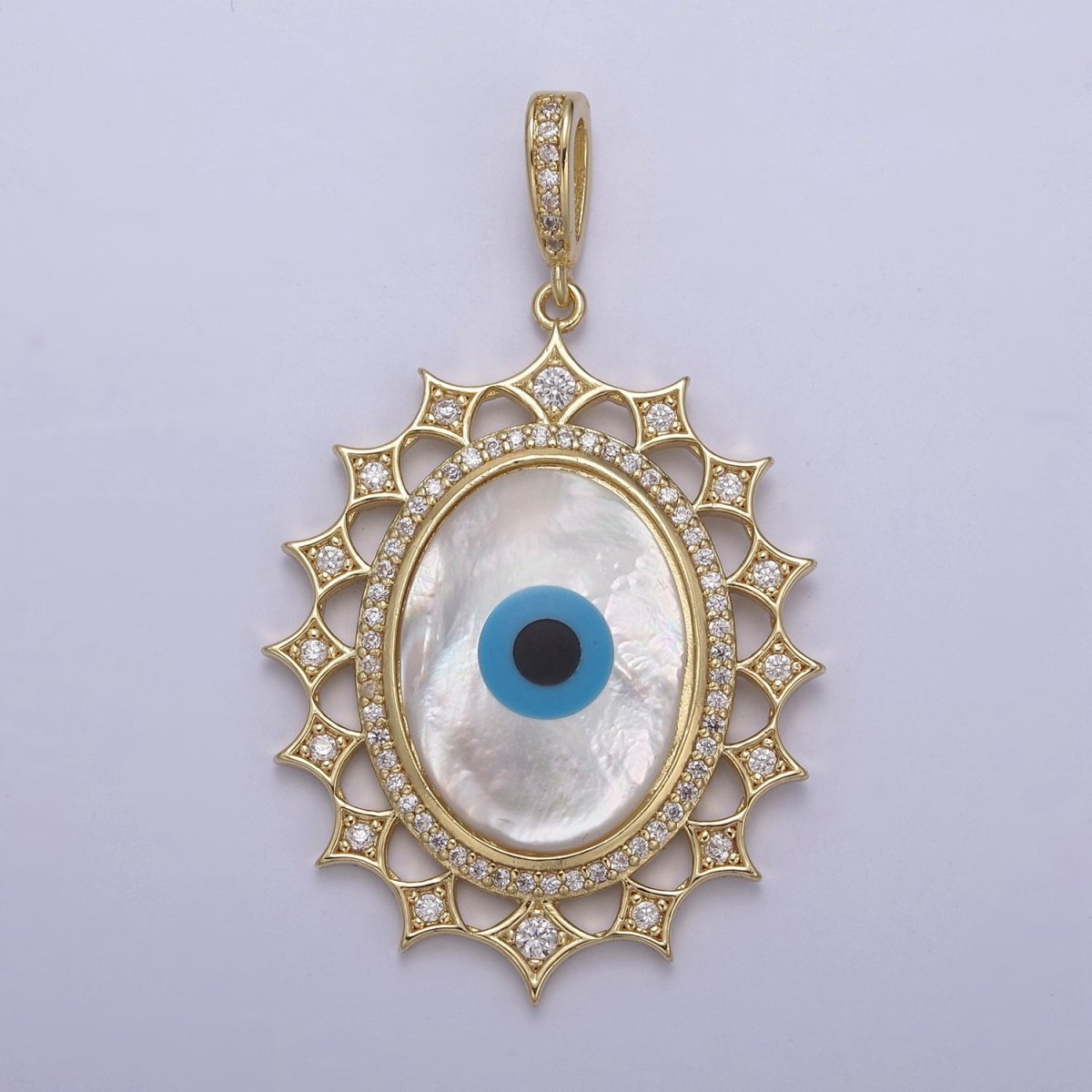 Big Bold Evil Eye Medallion Gold Filled Cubic Zirconia Mother Of Pearl Greek Eye Pendant Necklace for Amulet Jewelry Making N-560