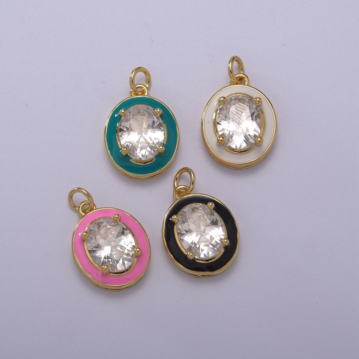 Big Clear CZ Micro Pave on Enamel Colorful Oval Coin Shape Pendant 14K Gold Filled Enamel Charm, Necklace Bracelet Component M-658 - M-661