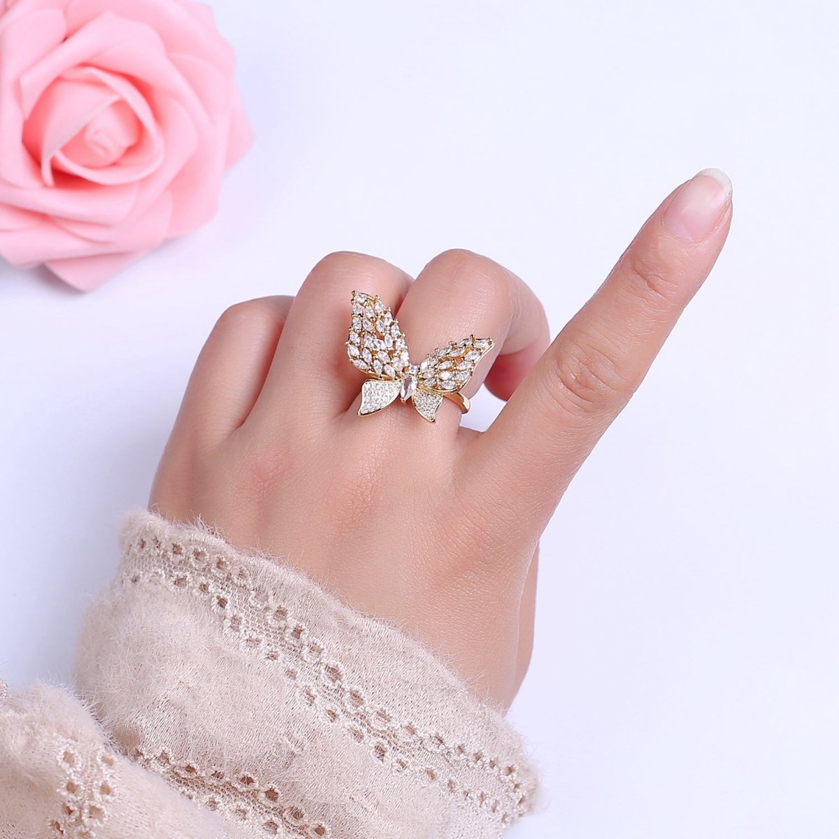 Big CZ Butterfly Ring | adjustable Statement Ring in 14k Gold Filled O-2044