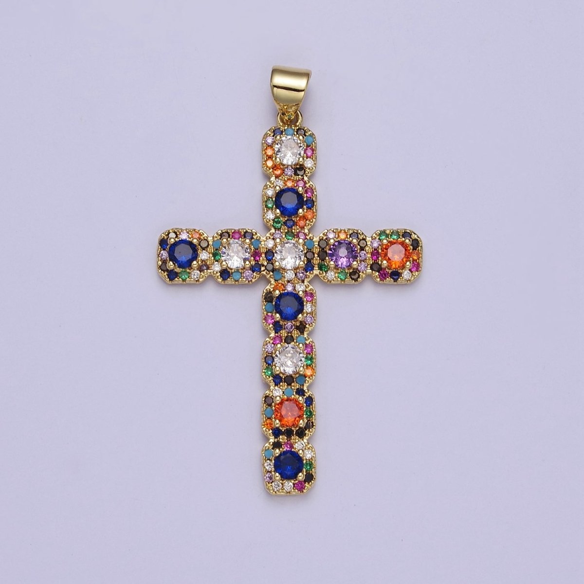 Big Gold Multi Color Cubic Zirconia Cross Pendant J-617