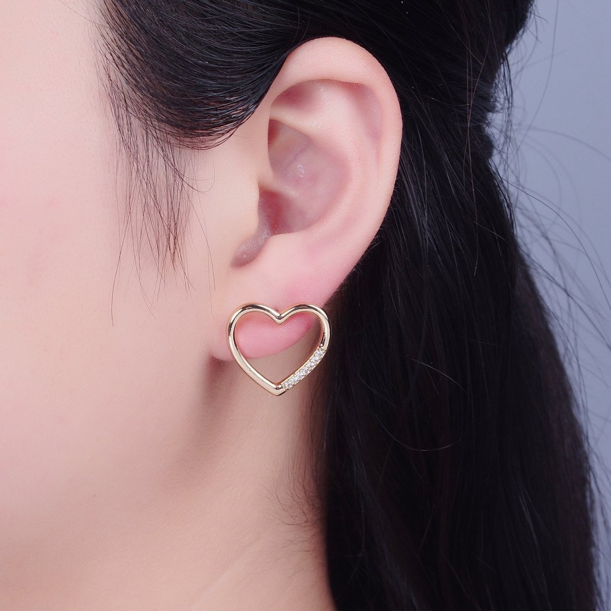 Big Gold Open Heart CZ Stud Earring T-468