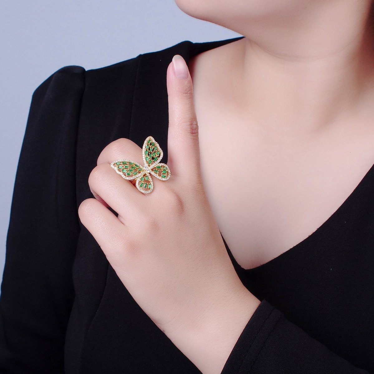 Big Green Pave Butterfly Ring | adjustable Statement Ring O-2225