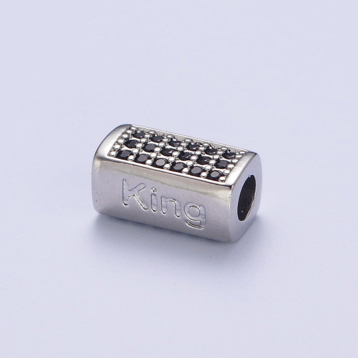 Black Micro Paved CZ Rectangular Bead with "King" Script Engraved in Gold & Silver |  B-073