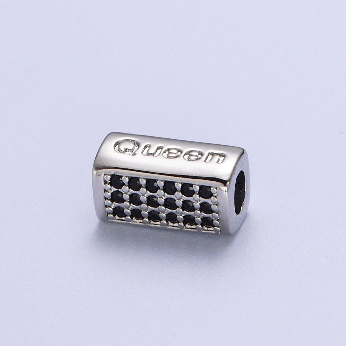Black Micro Paved CZ Rectangular Bead with "Queen" Script Engraved in Gold & Silver, Jewelry Supply Making | B-936