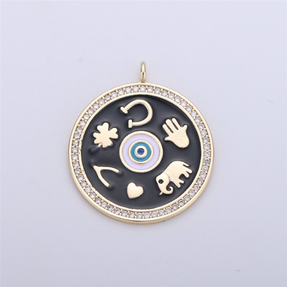 Black White Enamel Talisman Charm Necklace, Gold Filled Coin Round Pendant Lucky Medallion Pendant for Necklace Jewelry Making Supply C-688