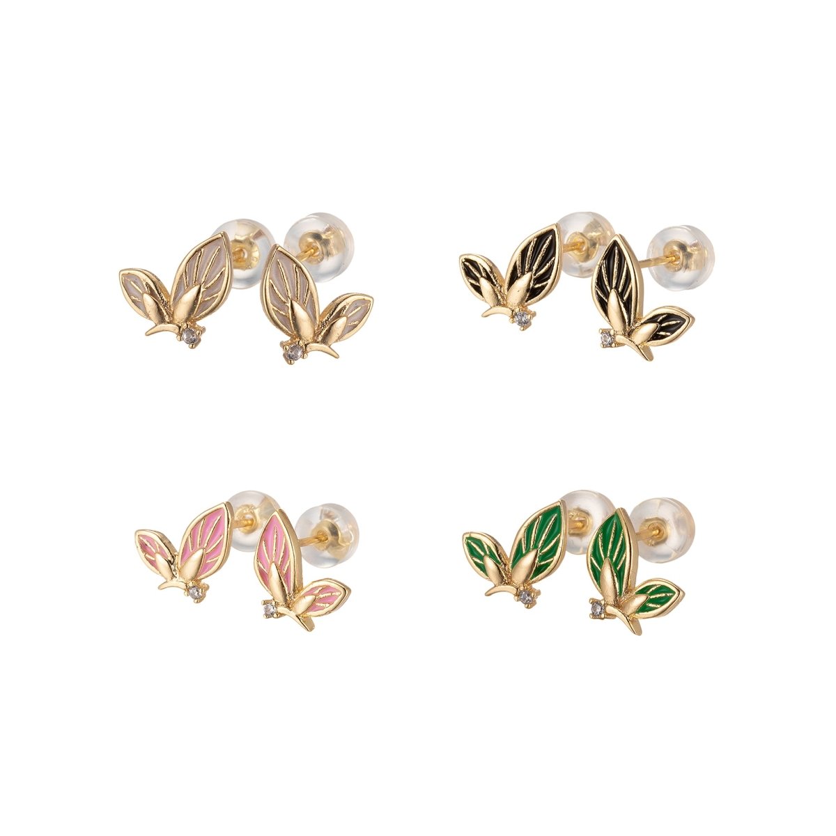 Black/Green/Pink/White Twin Sided Golden Butterfly Stud Earrings CZ Animal Colored Mariposa Nature Casual Daily Wear Earring Jewelry P-188~P-190