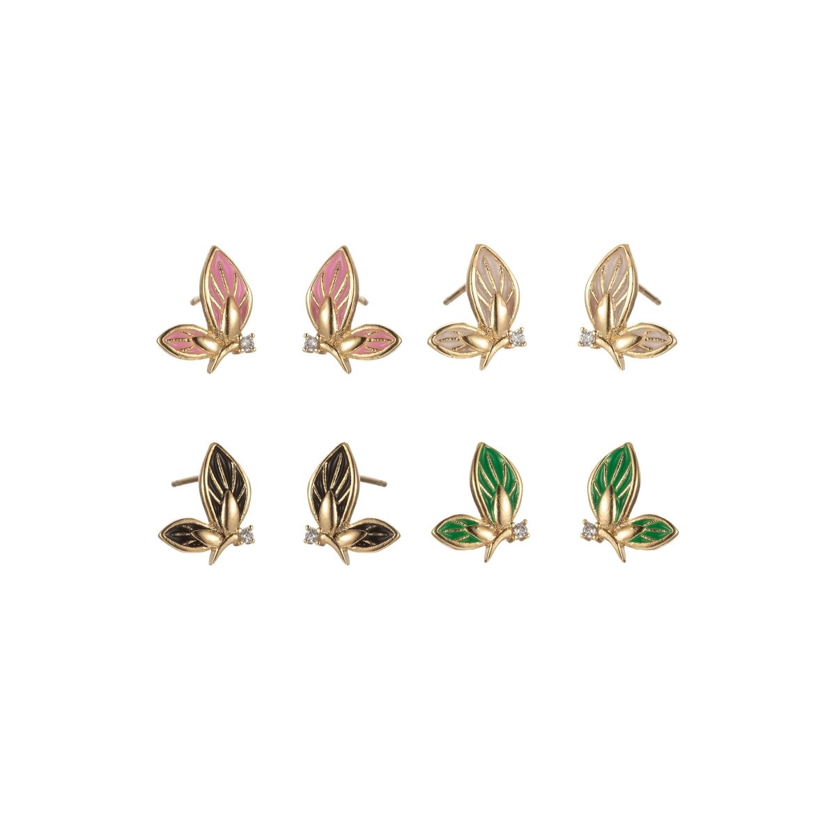 Black/Green/Pink/White Twin Sided Golden Butterfly Stud Earrings CZ Animal Colored Mariposa Nature Casual Daily Wear Earring Jewelry P-188~P-190