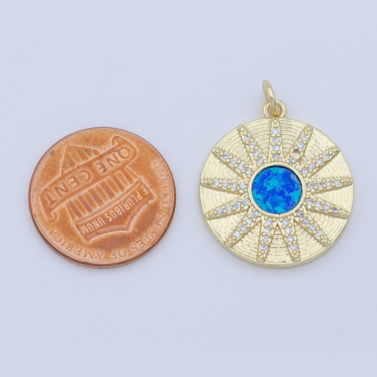 Blue Crystal Gold Filled Sun Flower Round Coin Charm M-354