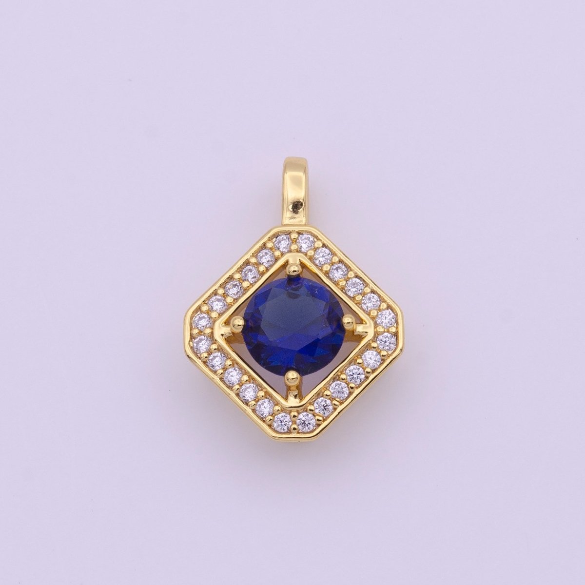 Blue Cubic Zirconia Micro Paved Gold Rhombus Pendant H-502