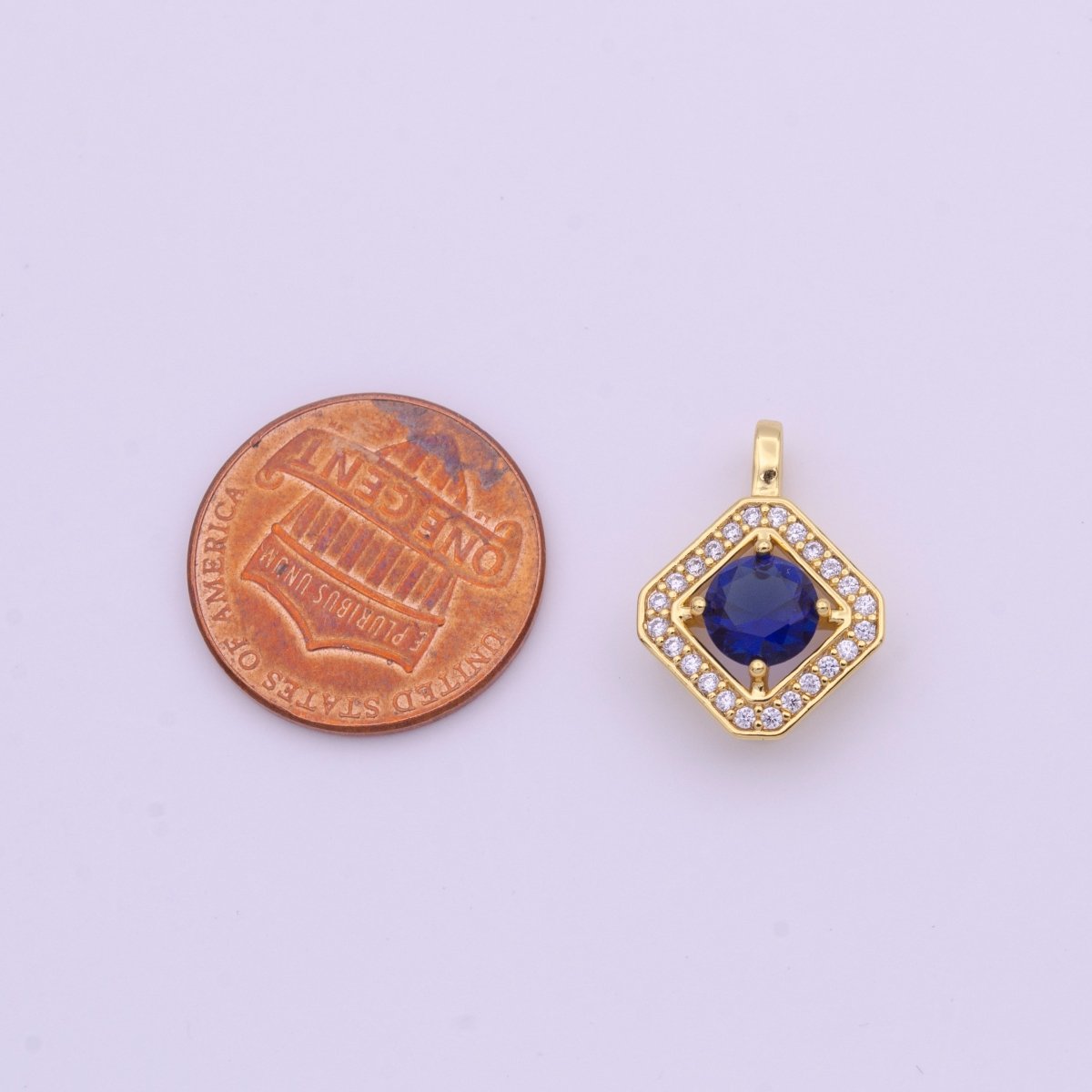 Blue Cubic Zirconia Micro Paved Gold Rhombus Pendant H-502