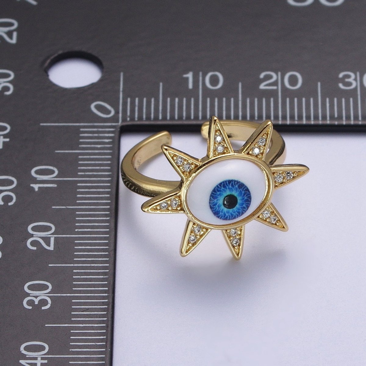 Blue Evil Eye of Ra Celestial Sun Star Micro Paved CZ Bezel Gold Adjustable Protection Ring | O-2002