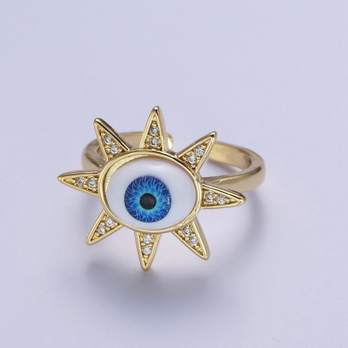Blue Evil Eye of Ra Celestial Sun Star Micro Paved CZ Bezel Gold Adjustable Protection Ring | O-2002