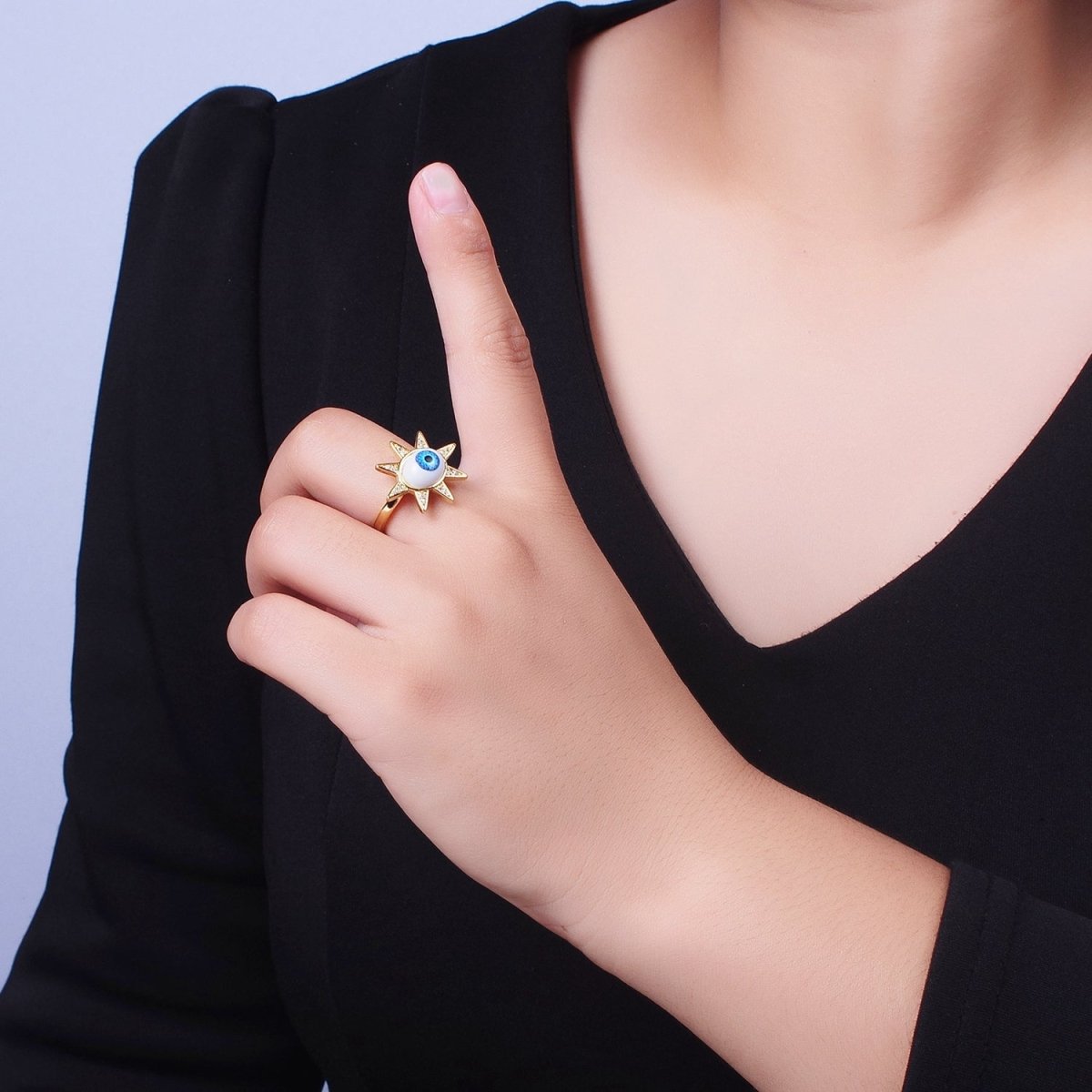 Blue Evil Eye of Ra Celestial Sun Star Micro Paved CZ Bezel Gold Adjustable Protection Ring | O-2002