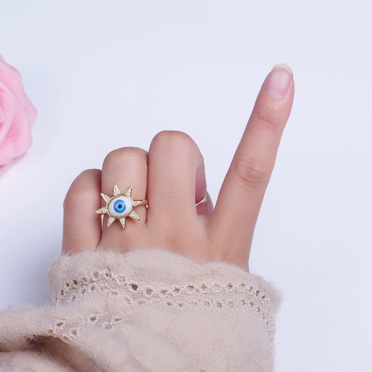 Blue Evil Eye of Ra Celestial Sun Star Micro Paved CZ Bezel Gold Adjustable Protection Ring | O-2002