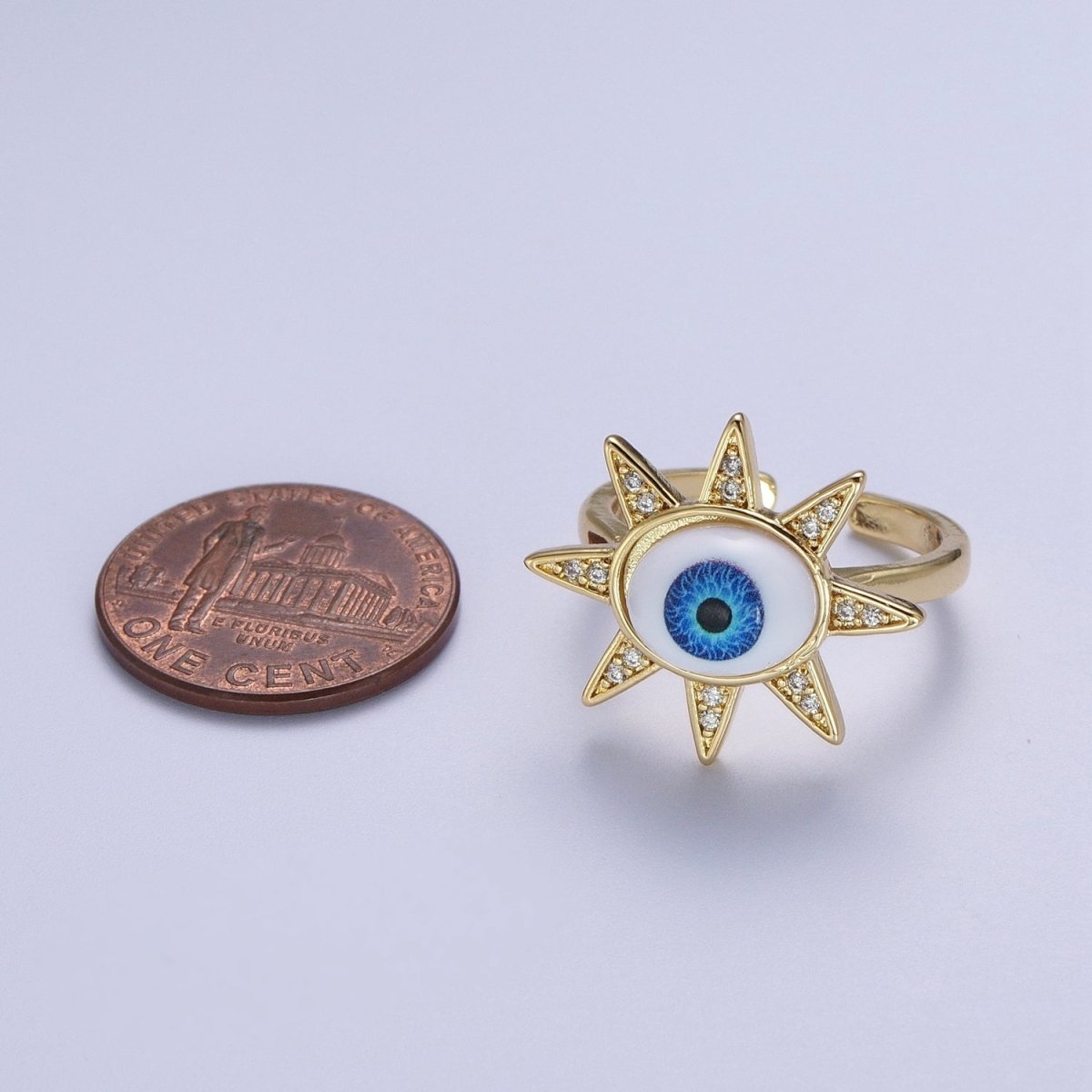Blue Evil Eye of Ra Celestial Sun Star Micro Paved CZ Bezel Gold Adjustable Protection Ring | O-2002