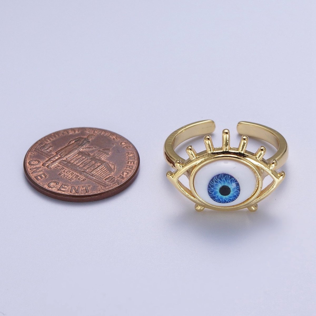 Blue Evil Eye of Ra Eyelash Bezel Gold Adjustable Protection Ring | O-2003