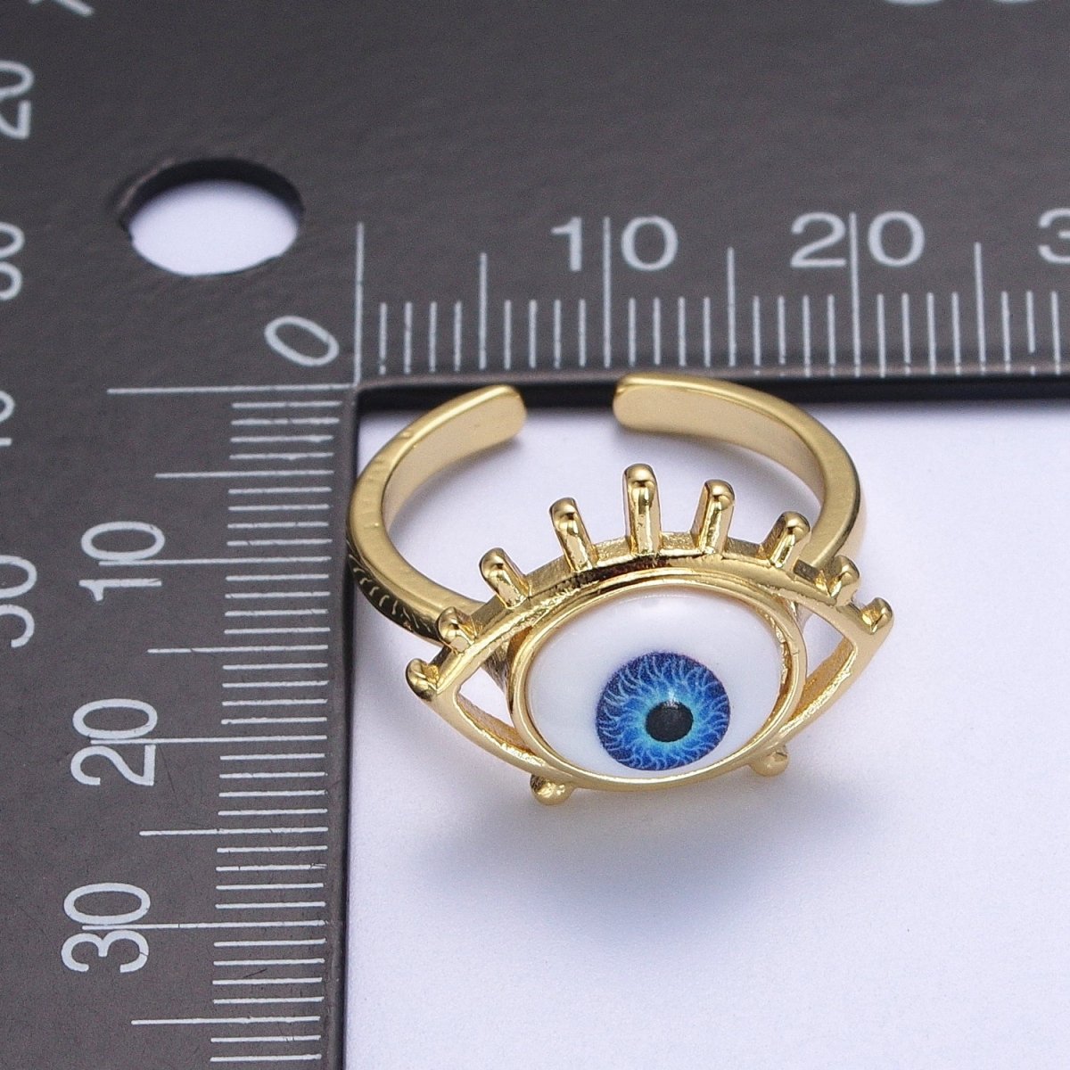 Blue Evil Eye of Ra Eyelash Bezel Gold Adjustable Protection Ring | O-2003