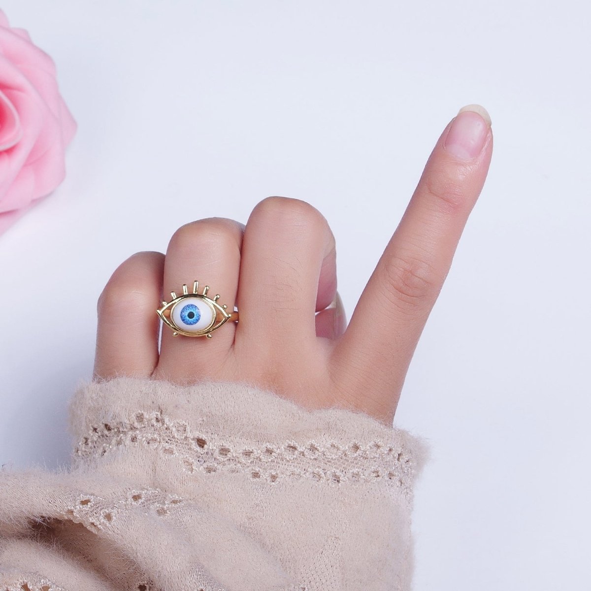Blue Evil Eye of Ra Eyelash Bezel Gold Adjustable Protection Ring | O-2003