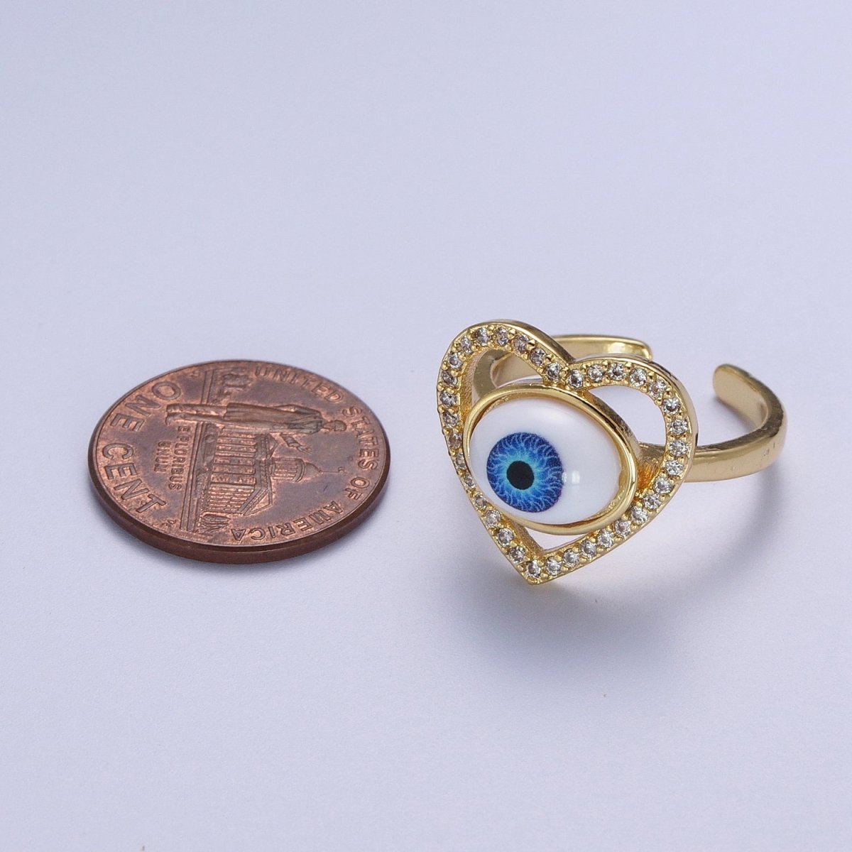Blue Evil Eye of Ra Heart Love Micro Paved CZ Bezel Gold Adjustable Protection Ring | O-2004