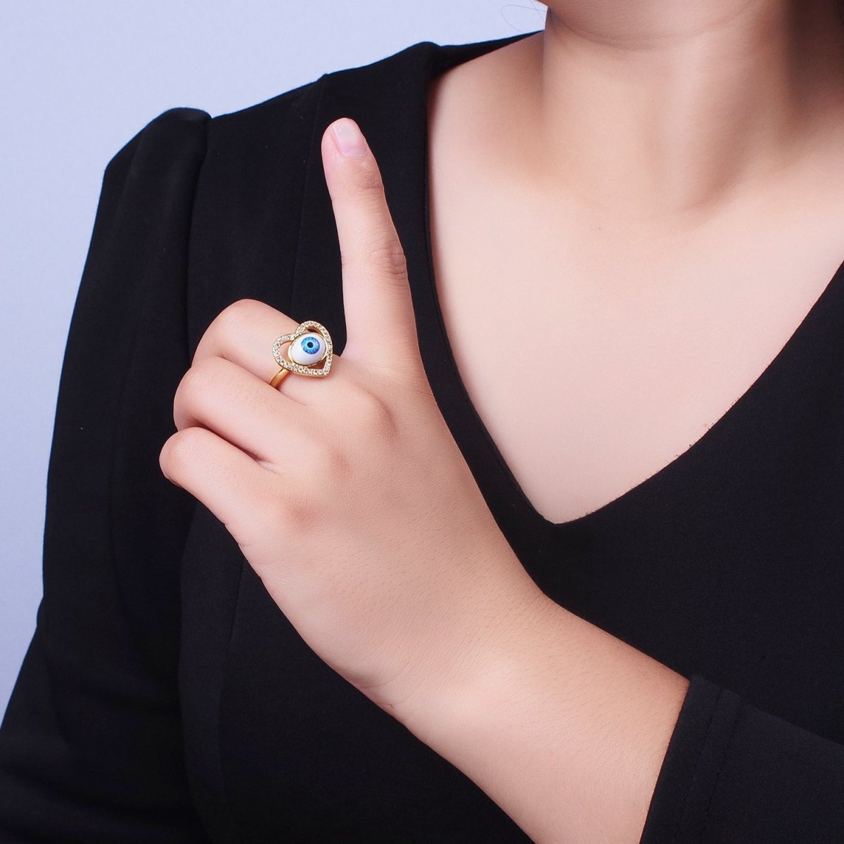 Blue Evil Eye of Ra Heart Love Micro Paved CZ Bezel Gold Adjustable Protection Ring | O-2004