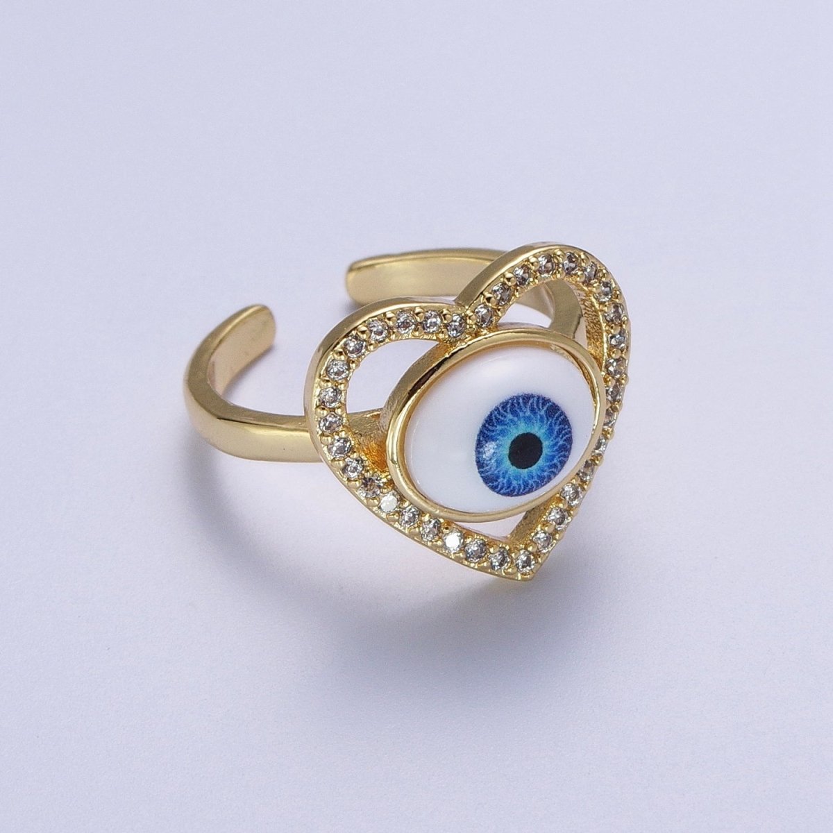 Blue Evil Eye of Ra Heart Love Micro Paved CZ Bezel Gold Adjustable Protection Ring | O-2004