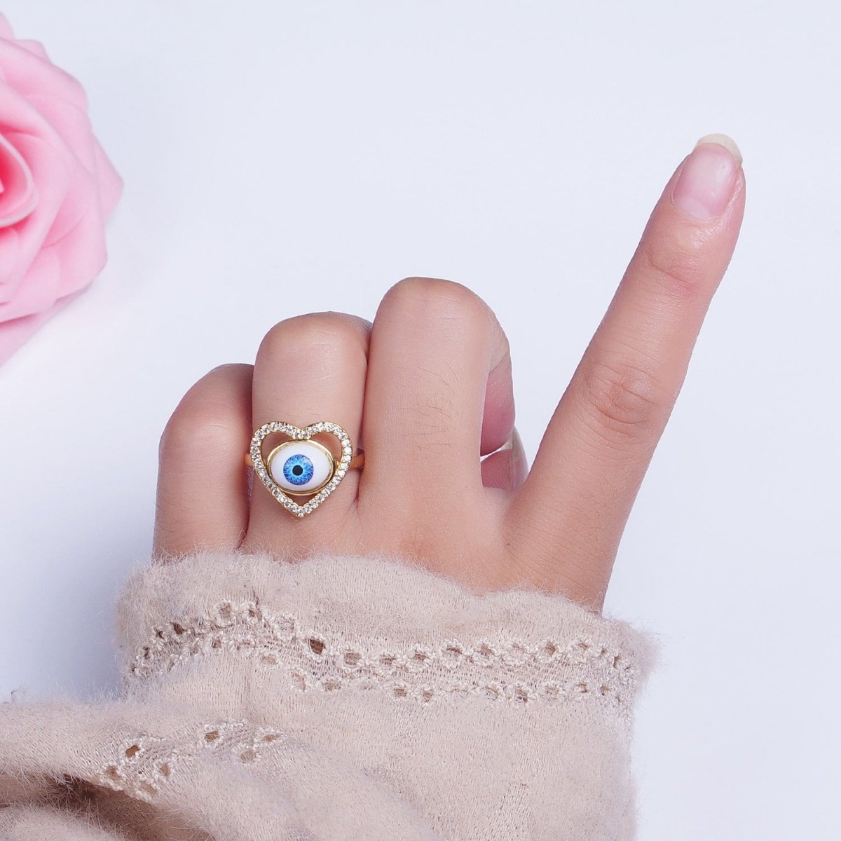 Blue Evil Eye of Ra Heart Love Micro Paved CZ Bezel Gold Adjustable Protection Ring | O-2004