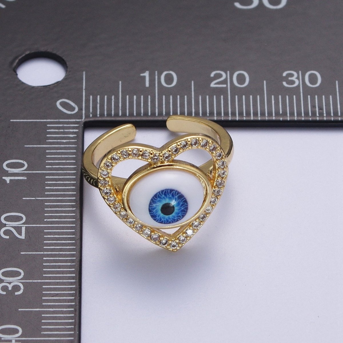 Blue Evil Eye of Ra Heart Love Micro Paved CZ Bezel Gold Adjustable Protection Ring | O-2004