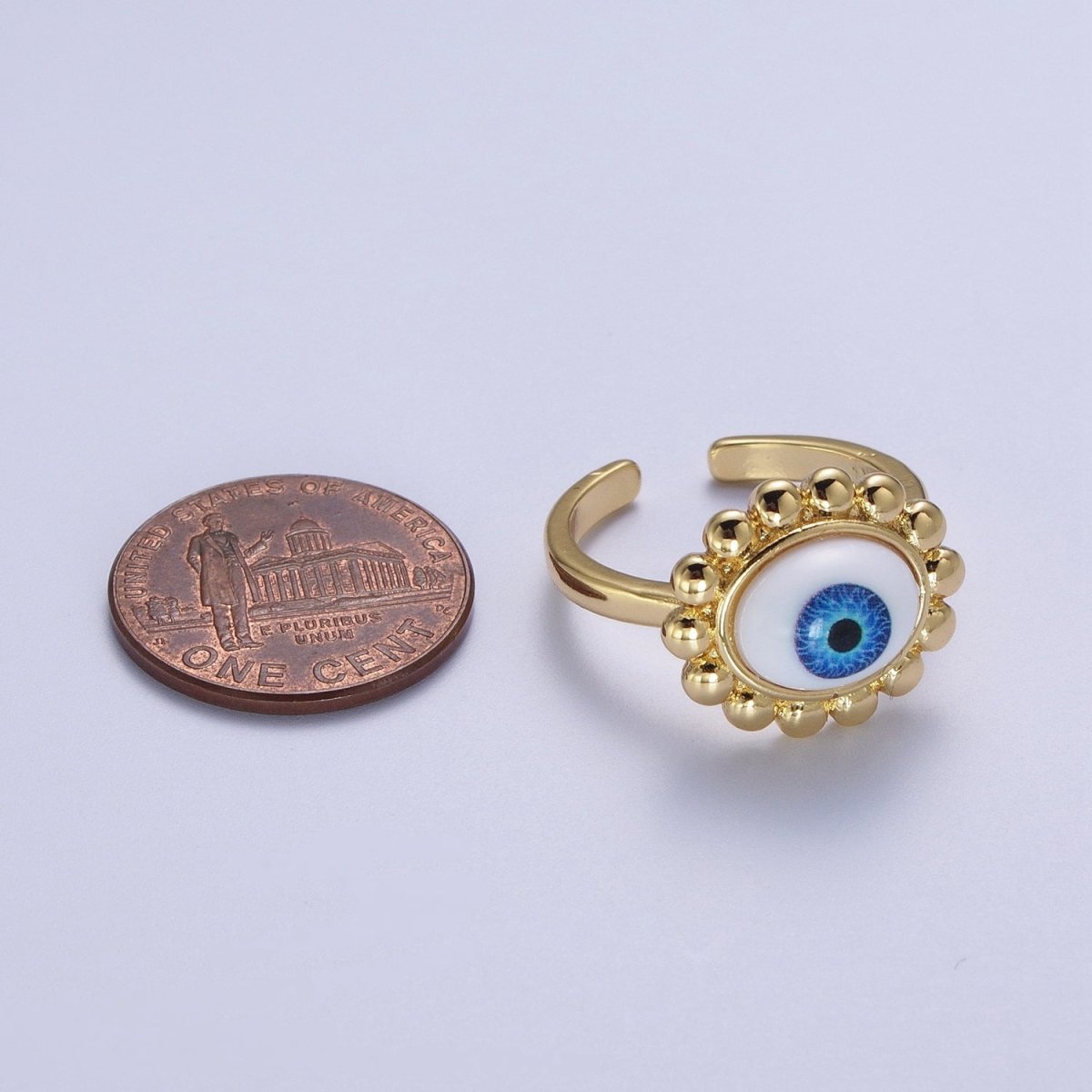 Blue Evil Eye of Ra Round Beaded Bezel Gold Adjustable Protection Ring | O-2001