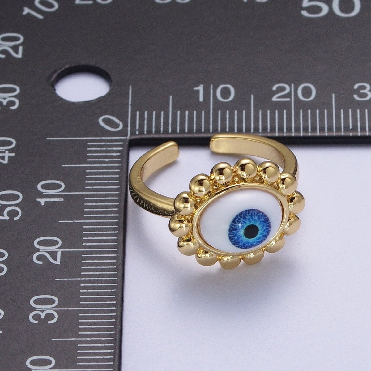 Blue Evil Eye of Ra Round Beaded Bezel Gold Adjustable Protection Ring | O-2001