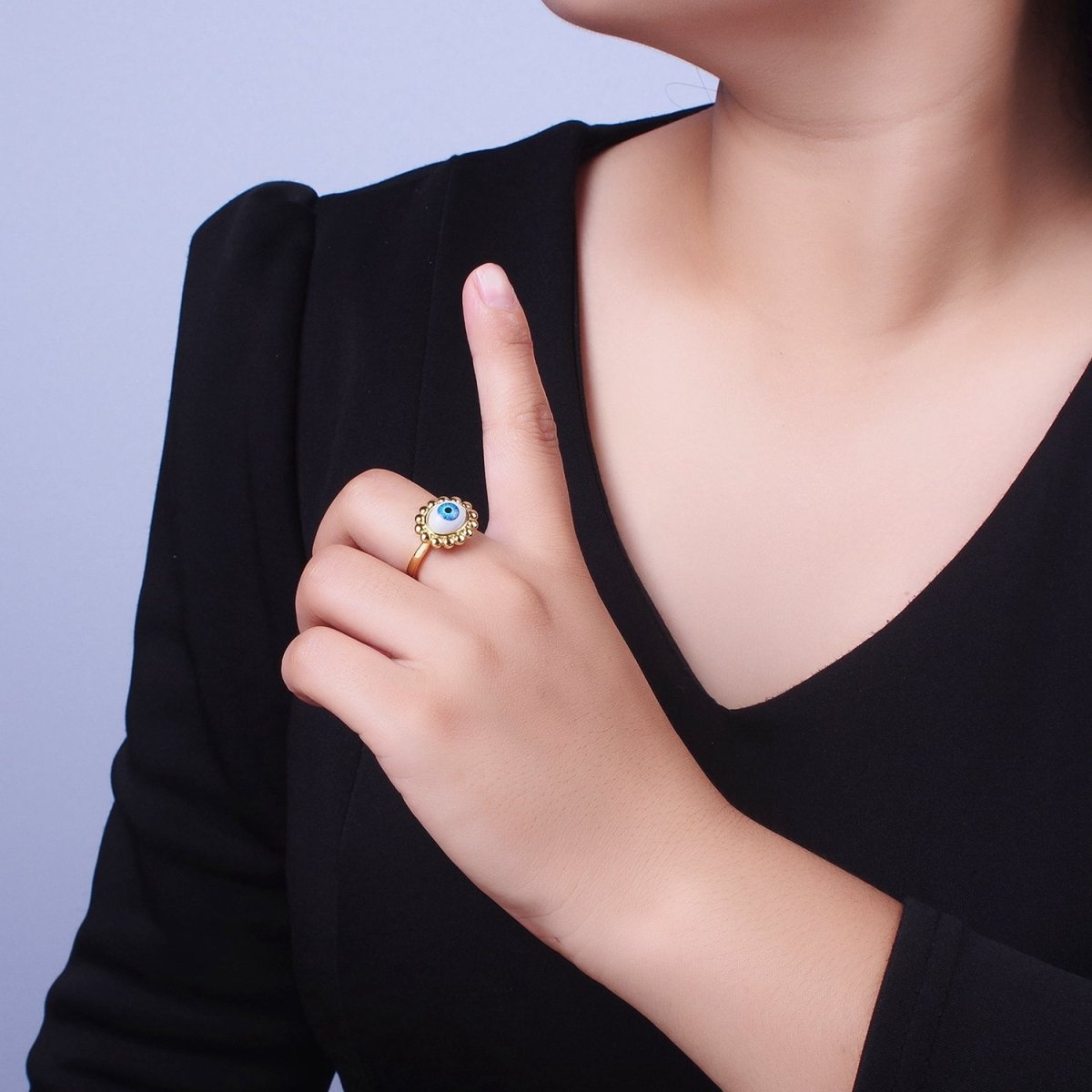 Blue Evil Eye of Ra Round Beaded Bezel Gold Adjustable Protection Ring | O-2001
