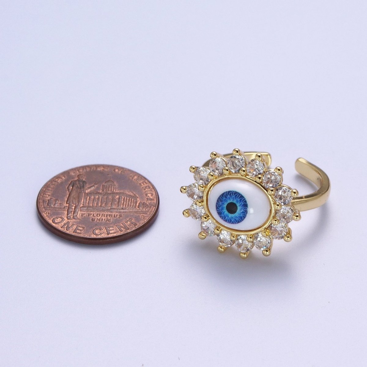 Blue Evil Eye of Ra Round Cubic Zirconia Bezel Gold Adjustable Protection Ring | O-2000
