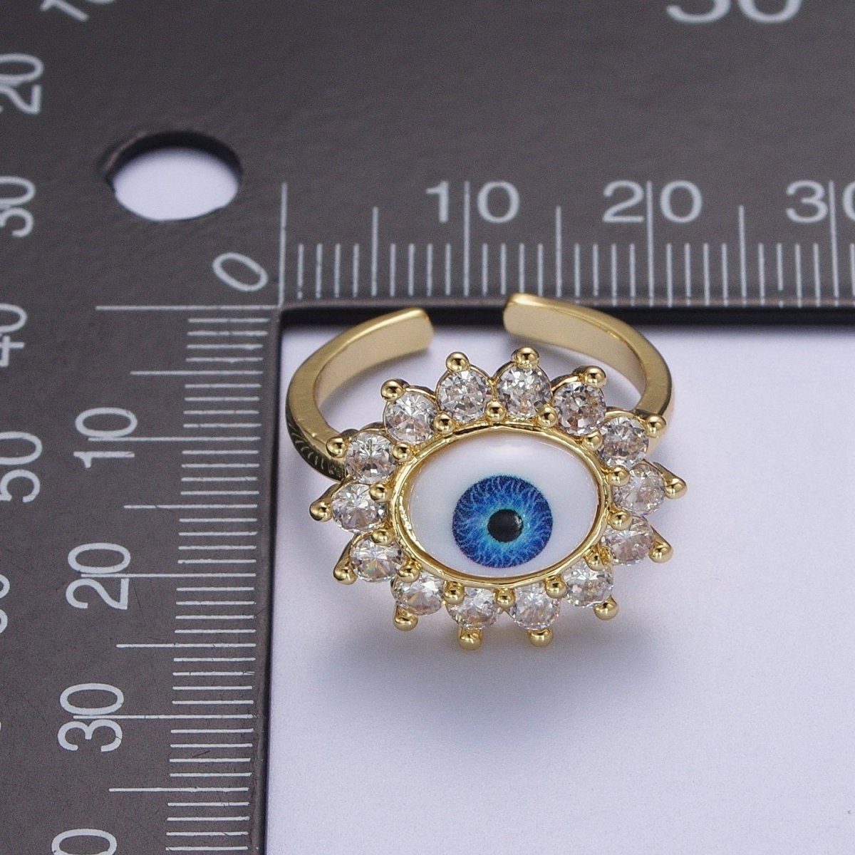 Blue Evil Eye of Ra Round Cubic Zirconia Bezel Gold Adjustable Protection Ring | O-2000