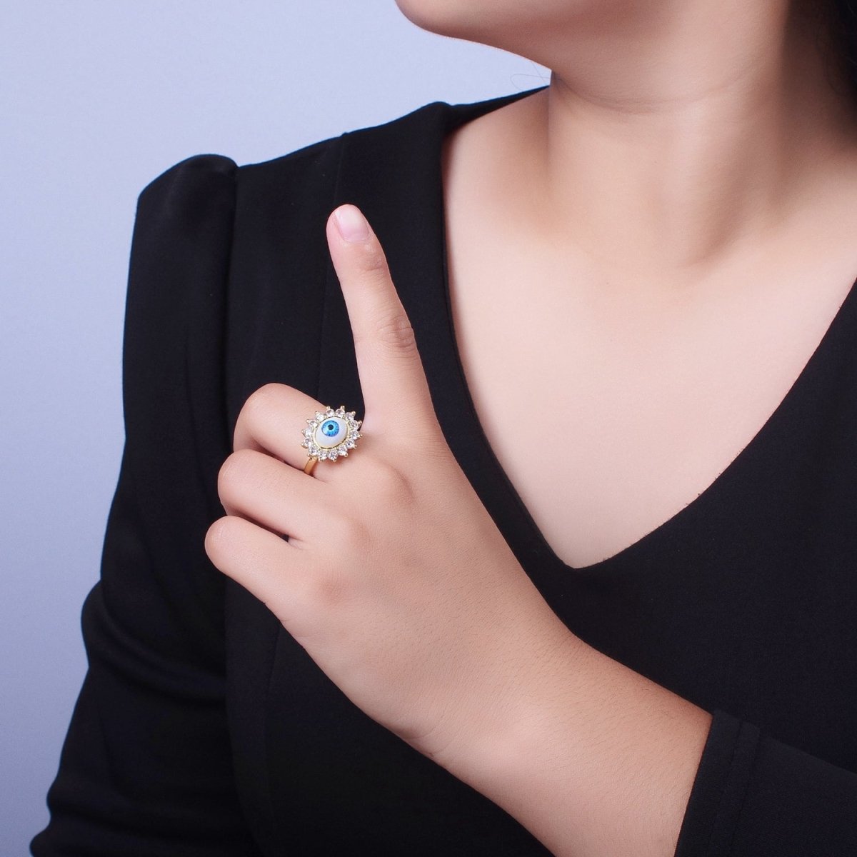 Blue Evil Eye of Ra Round Cubic Zirconia Bezel Gold Adjustable Protection Ring | O-2000