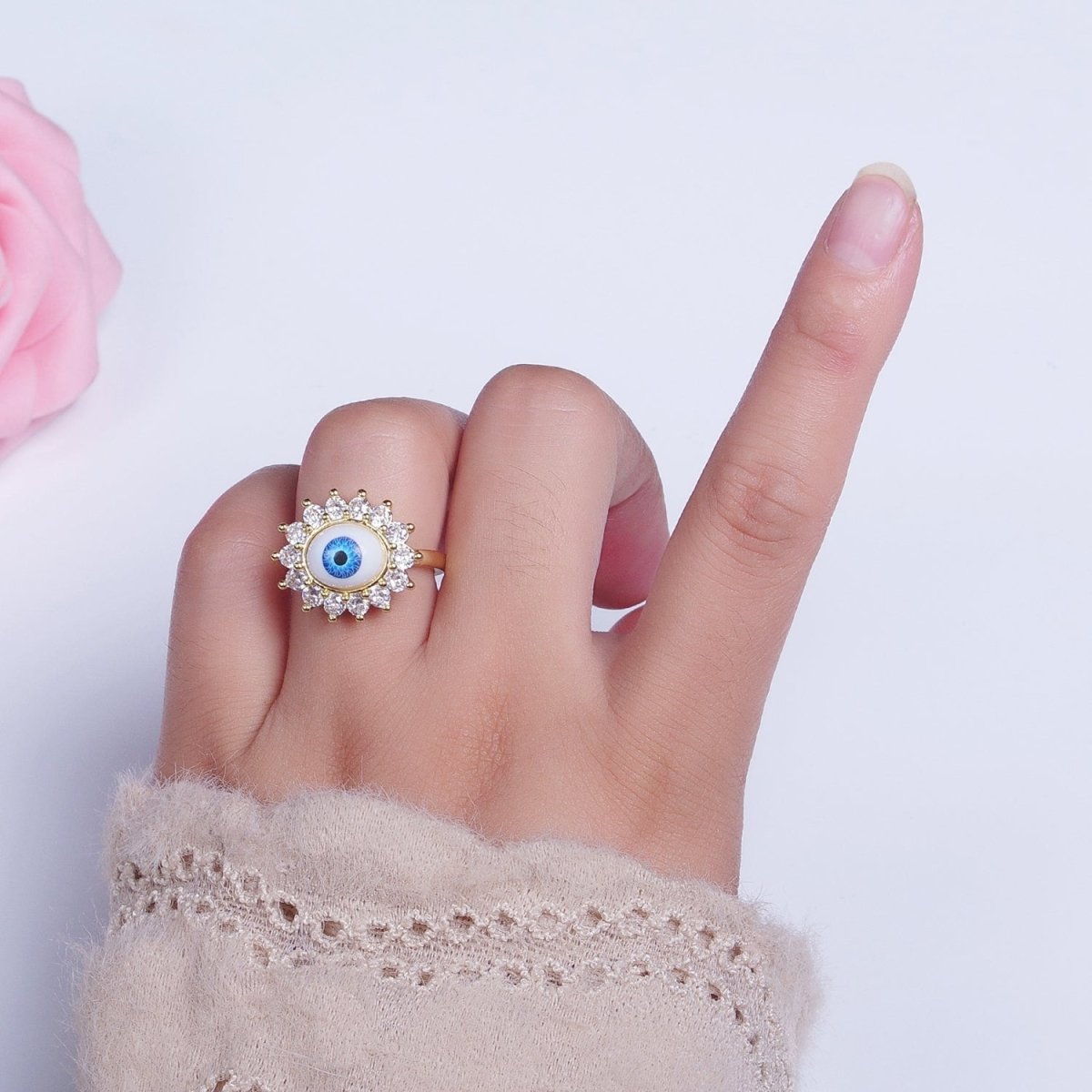 Blue Evil Eye of Ra Round Cubic Zirconia Bezel Gold Adjustable Protection Ring | O-2000