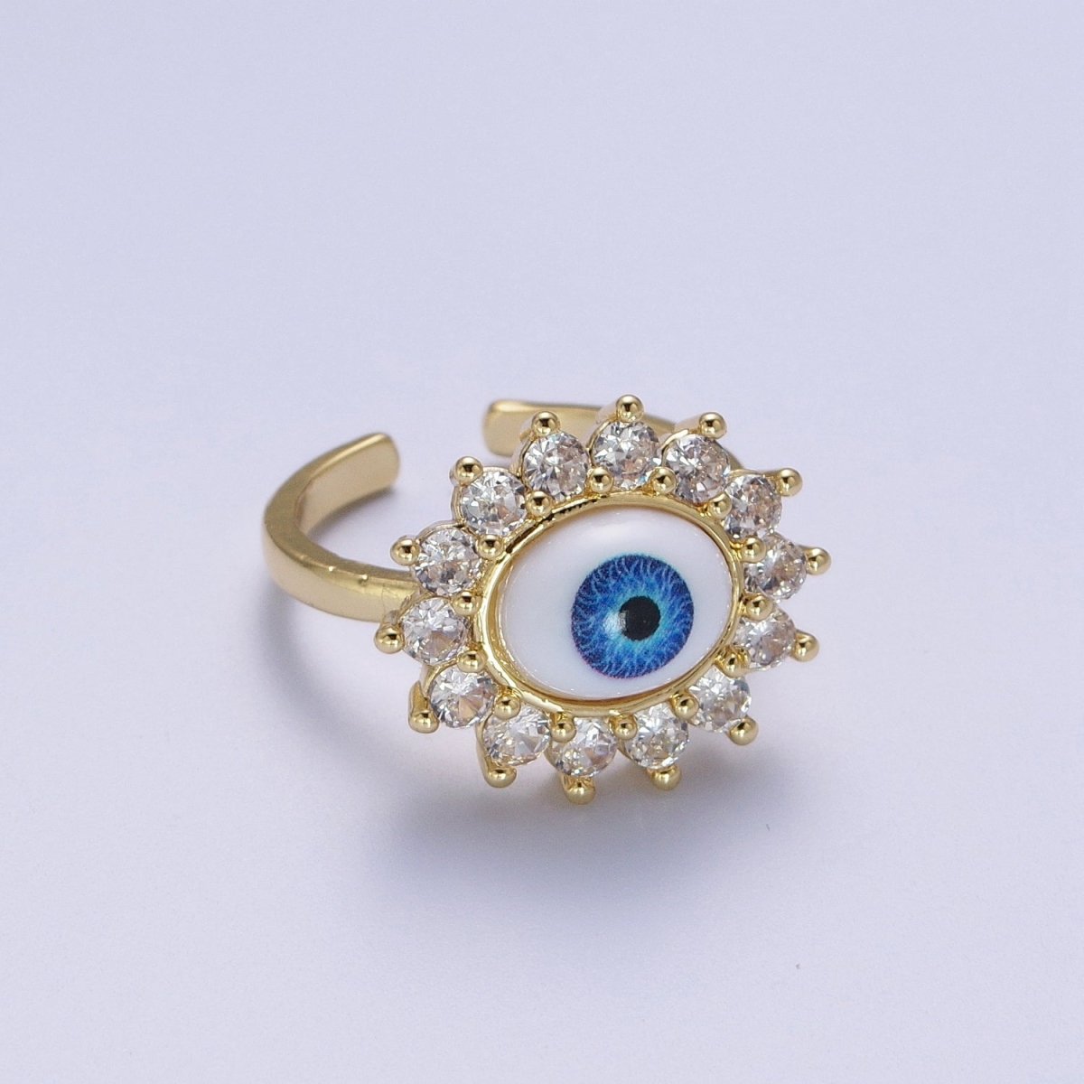 Blue Evil Eye of Ra Round Cubic Zirconia Bezel Gold Adjustable Protection Ring | O-2000