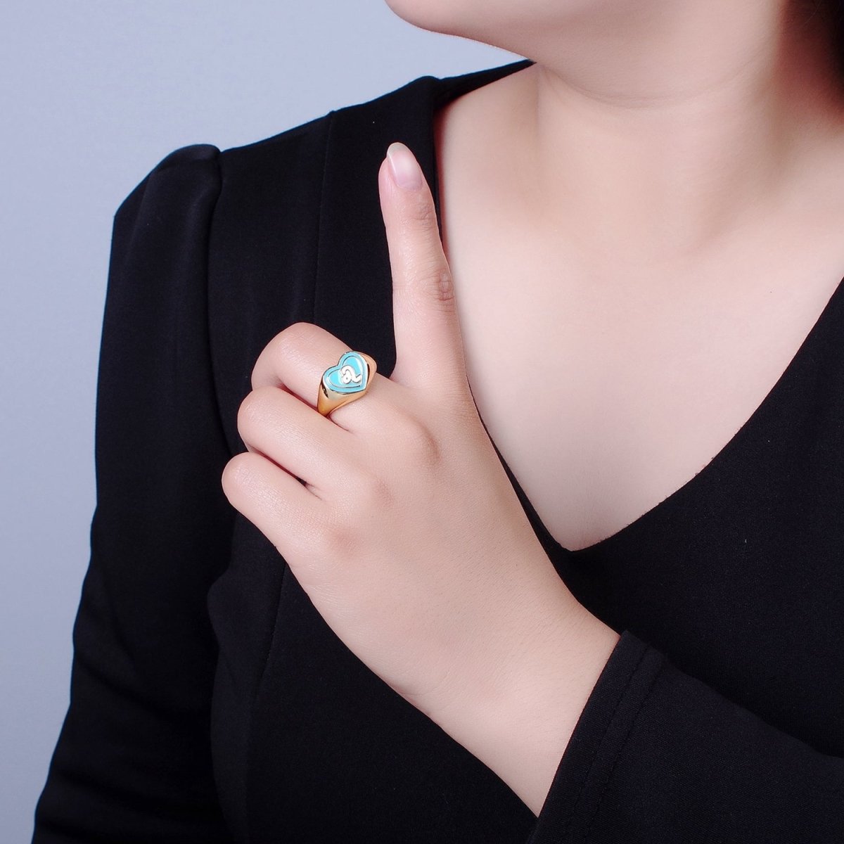 Blue Heart Signet Adjustable Ring White Snake Ring O-2231