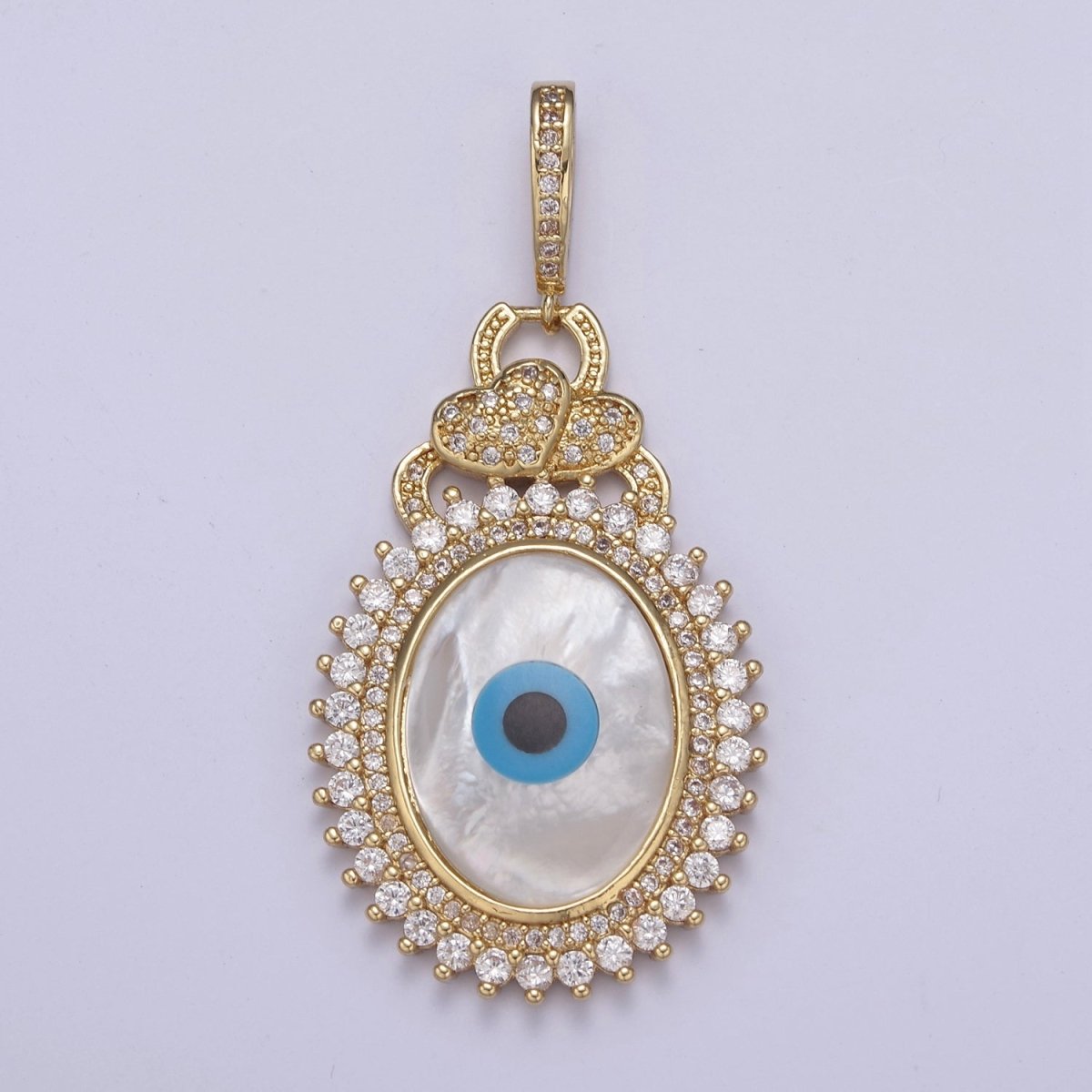 Bold 14K Gold Filled Evil Eye Pendant With Shell Pearl Encrusted with Clear Cubic Zirconia CZ Talisman Amulet Pendant For Statement Jewelry Necklace Making H-830