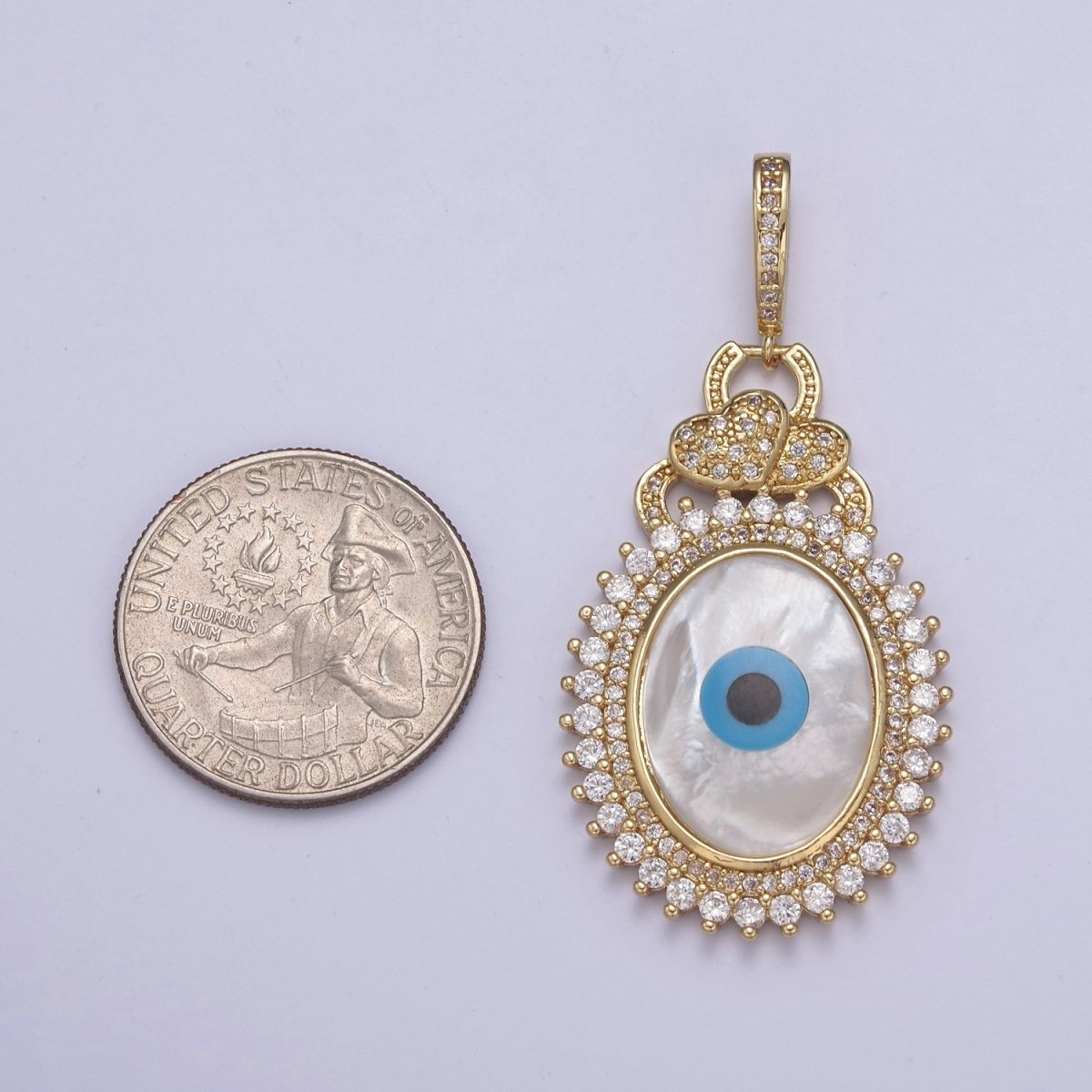 Bold 14K Gold Filled Evil Eye Pendant With Shell Pearl Encrusted with Clear Cubic Zirconia CZ Talisman Amulet Pendant For Statement Jewelry Necklace Making H-830