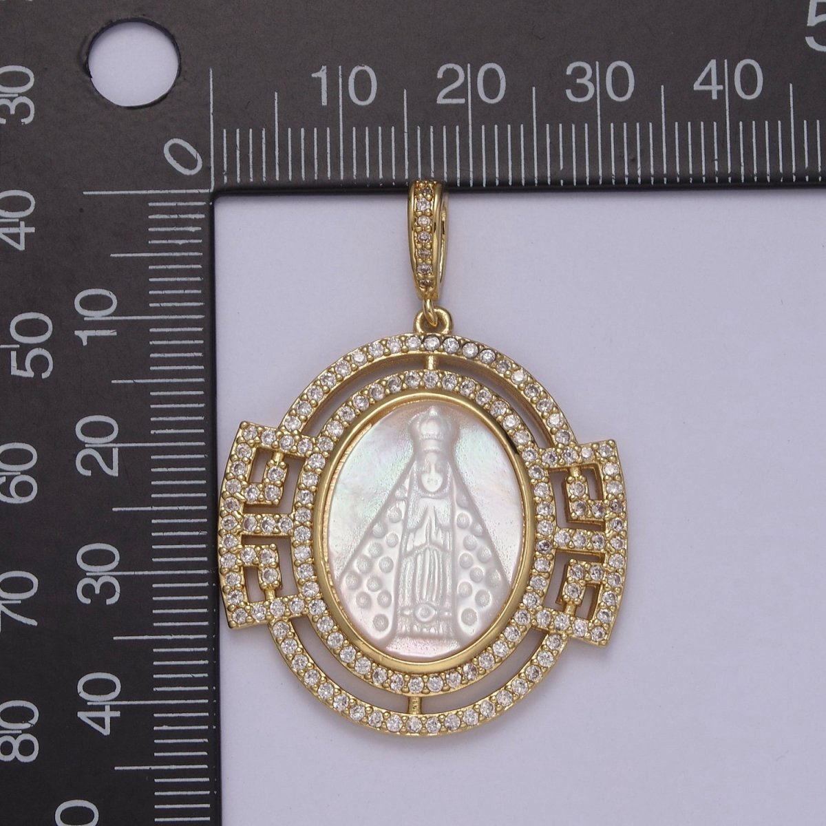 Bold Chunky Medallion Gold Filled Cubic Zirconia Mother Of Pearl Virgin Mary Lady of Guadalupe Pendant Necklace for Religious Jewelry Making N-575