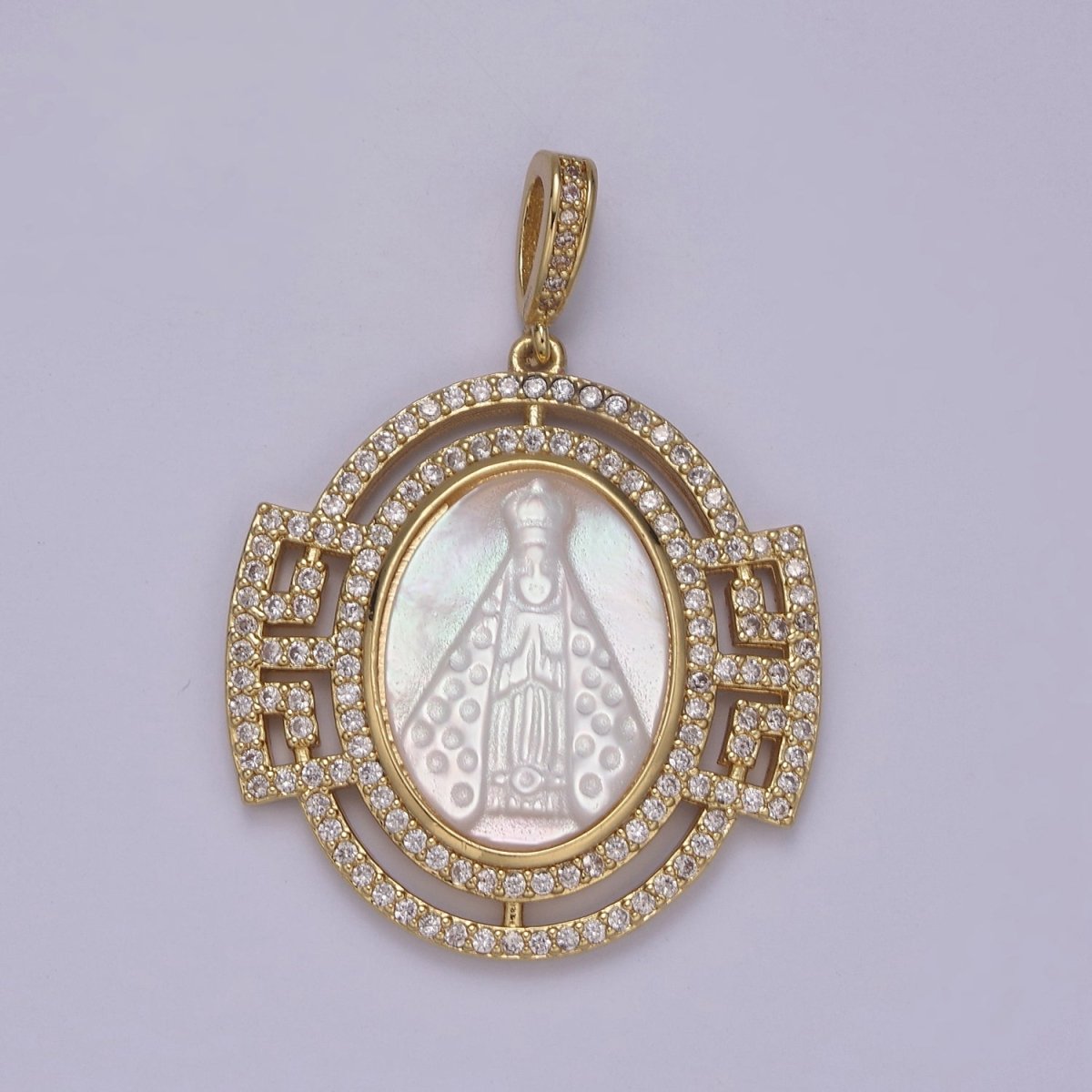 Bold Chunky Medallion Gold Filled Cubic Zirconia Mother Of Pearl Virgin Mary Lady of Guadalupe Pendant Necklace for Religious Jewelry Making N-575