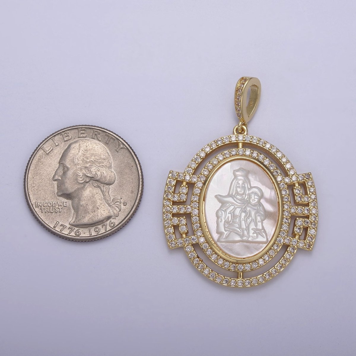 Bold Chunky Medallion Gold Filled Cubic Zirconia Mother Of Pearl Virgin Mary With Baby Jesus Pendant Necklace for Religious Jewelry Making N-558