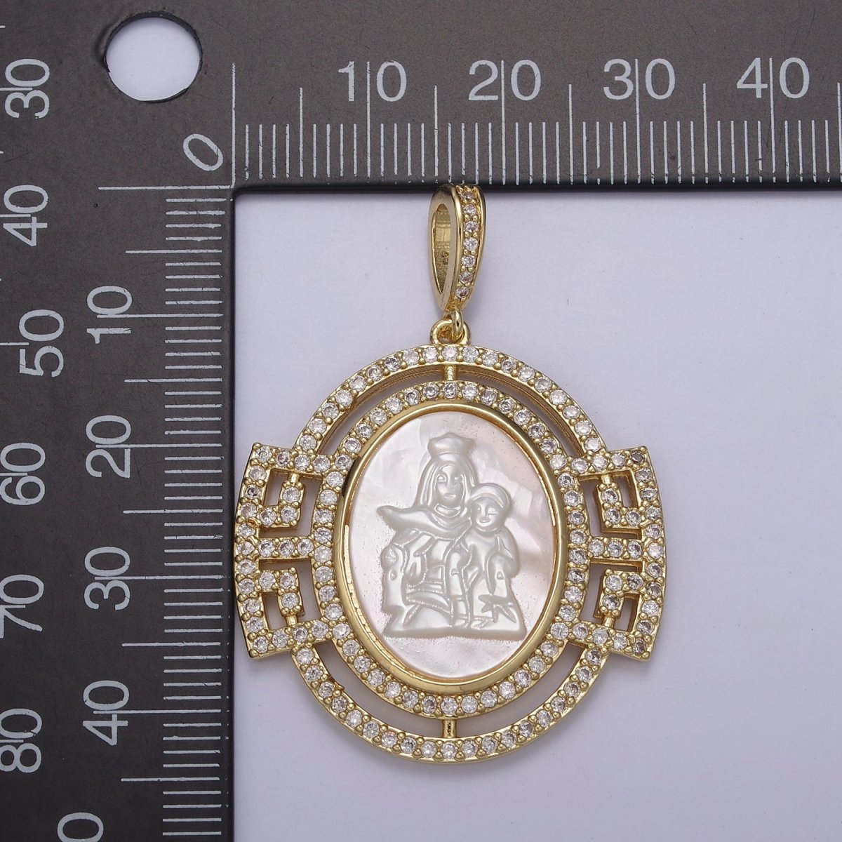 Bold Chunky Medallion Gold Filled Cubic Zirconia Mother Of Pearl Virgin Mary With Baby Jesus Pendant Necklace for Religious Jewelry Making N-558