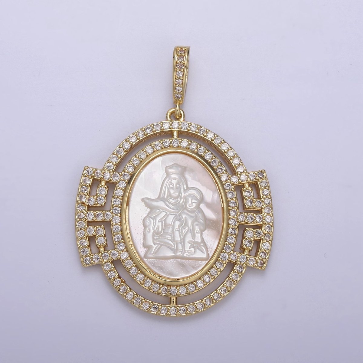 Bold Chunky Medallion Gold Filled Cubic Zirconia Mother Of Pearl Virgin Mary With Baby Jesus Pendant Necklace for Religious Jewelry Making N-558