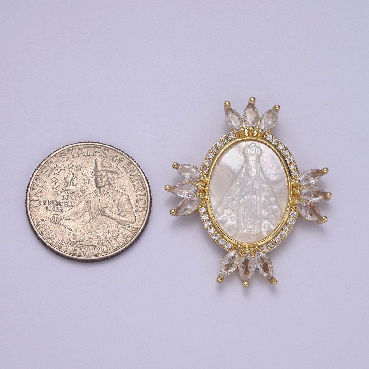 Bold Clear CZ Micro Pave Miraculous Lady Oval Shape Pendant Charm, Cubic Zirconia Medallion Virgin Mary Mother Of Pearl Charm N-573