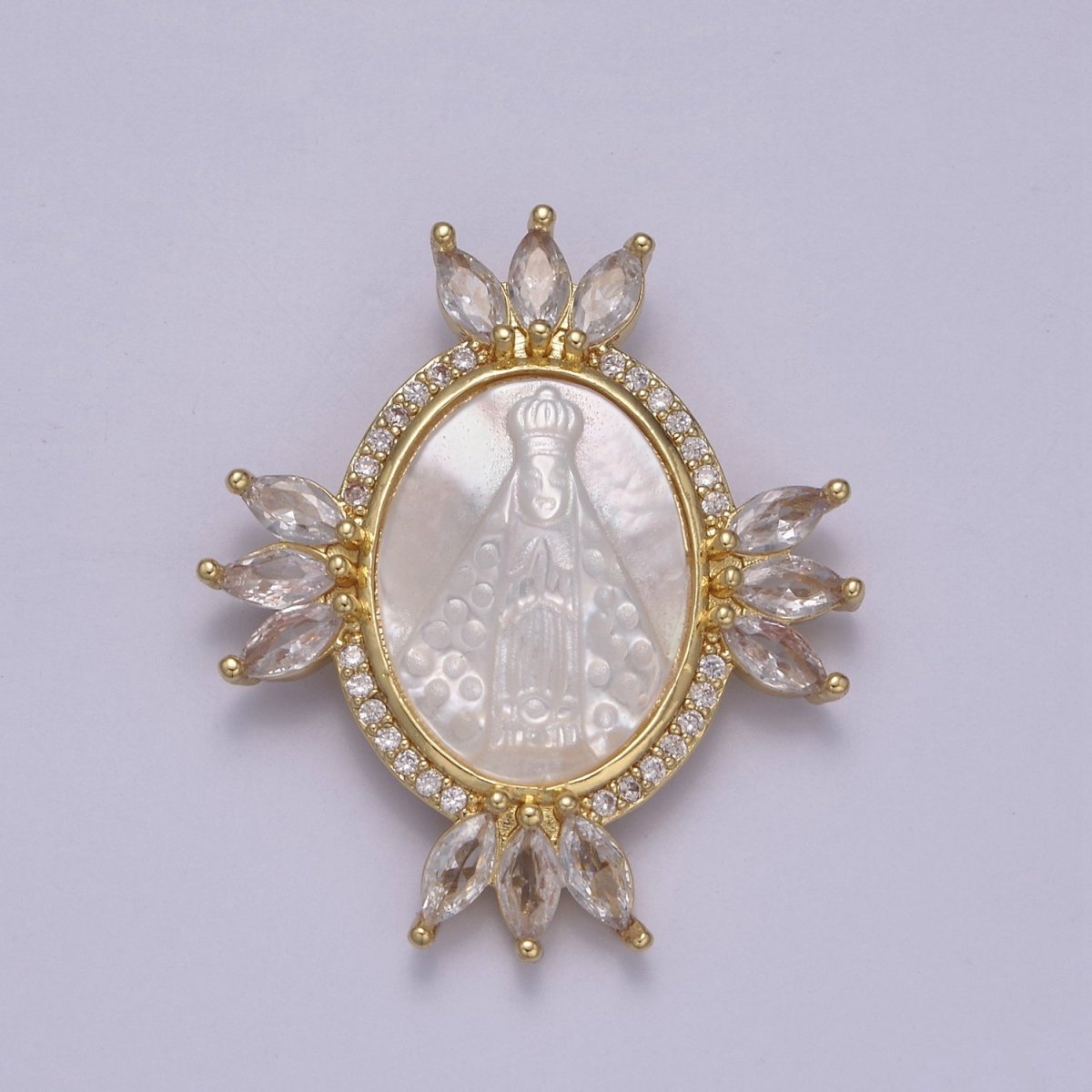 Bold Clear CZ Micro Pave Miraculous Lady Oval Shape Pendant Charm, Cubic Zirconia Medallion Virgin Mary Mother Of Pearl Charm N-573