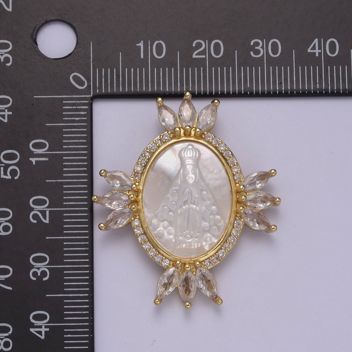 Bold Clear CZ Micro Pave Miraculous Lady Oval Shape Pendant Charm, Cubic Zirconia Medallion Virgin Mary Mother Of Pearl Charm N-573
