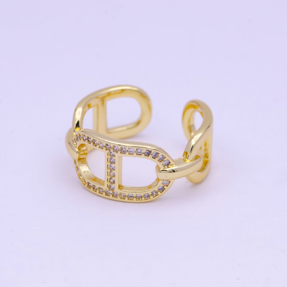 Bold Gold Mariner Ring CZ Anchor Ring Open Adjustable U-130